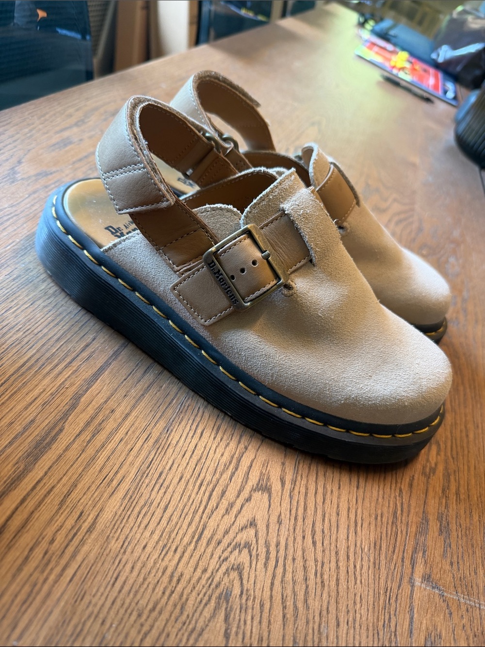 Dr. Martens Taupe Suede Platform Clog Sandals
